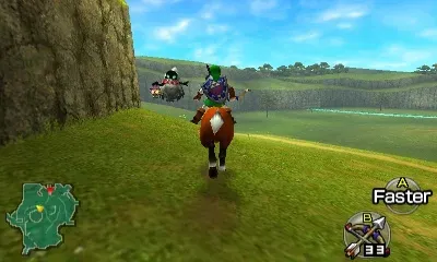 Adult Link rides Epona across Hyrule Field in daylight, chasing a Big Poe carrying a lantern along the foot of a cliff