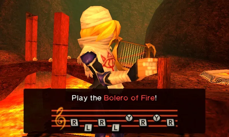 Sheik plays the harp in Death Mountain Crater above a prompt reading Play the Bolero of Fire with the notes R, L, R, L, Y, R, Y, R