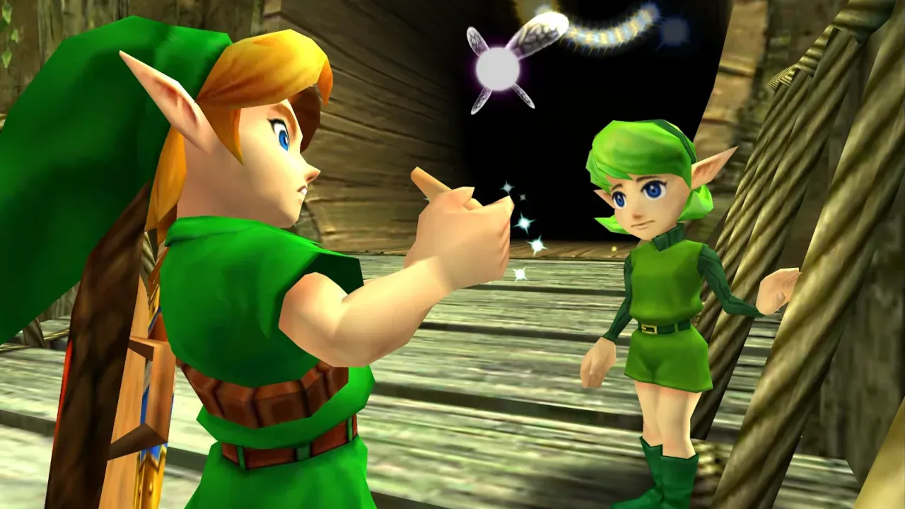 Young Link holds up the Fairy Ocarina on the wooden bridge while Saria watches, with Navi overhead