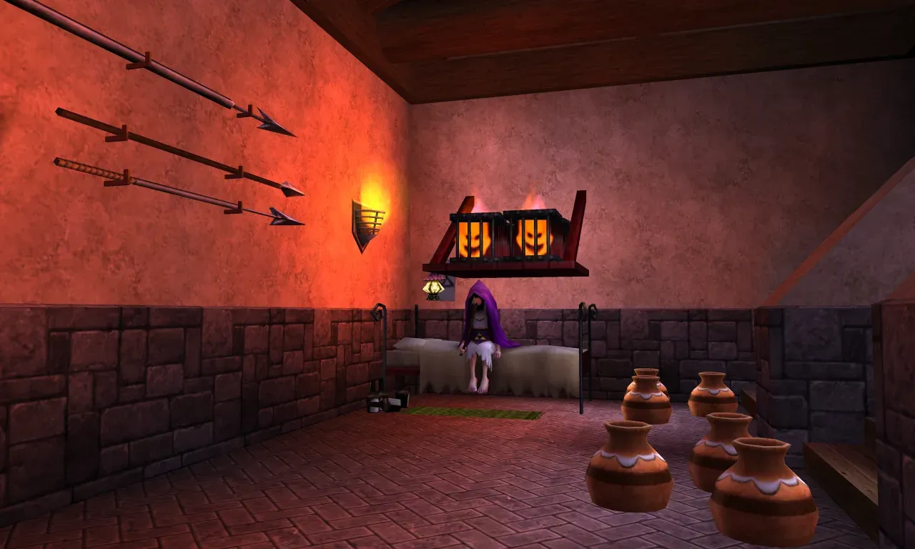 The Poe Collector, a hooded figure in purple, sits on a bed under two caged flames in a red-walled room with pots on the floor