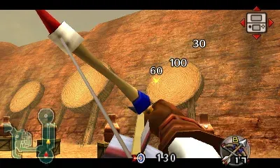 First-person bow view from horseback aimed at round targets at the Horseback Archery Range, with point values 30, 60 and 100 on the rings