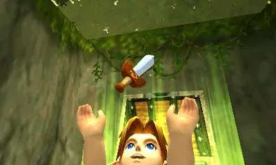 Young Link lifts the Kokiri Sword above an open treasure chest in a mossy alcove