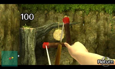 First-person slingshot view aimed at a round target hanging from a branch in the Lost Woods, with the score 100 on screen
