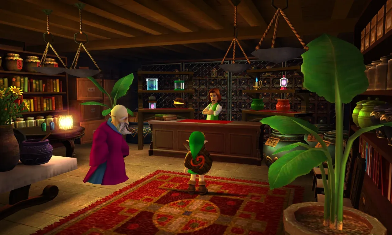 Young Link stands at the counter of the potion shop, with bottled items on the shelves behind the shopkeeper