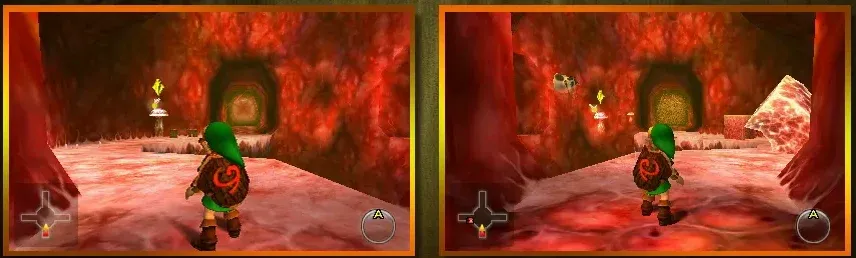 Two 3DS screenshots of the same red, fleshy dungeon room side by side, the second flipped and with extra hazards