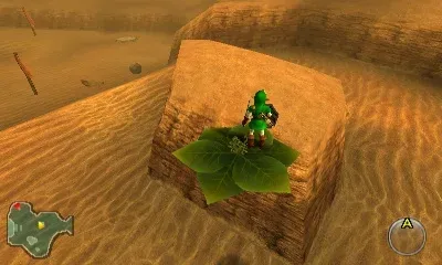 Adult Link stands on a bean plant leaf hovering beside a tall block of sandstone in the Desert Colossus