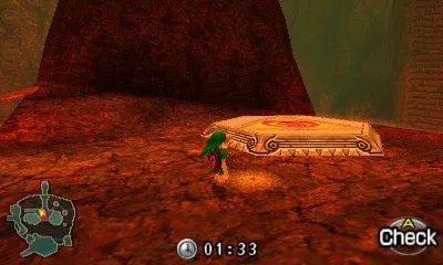 Young Link stands on soft soil beside the stone warp platform in Death Mountain Crater while a countdown timer reads 01:33