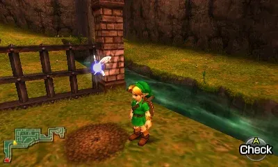 Young Link stands beside a round patch of dark soft soil next to a wooden fence at Zora's River
