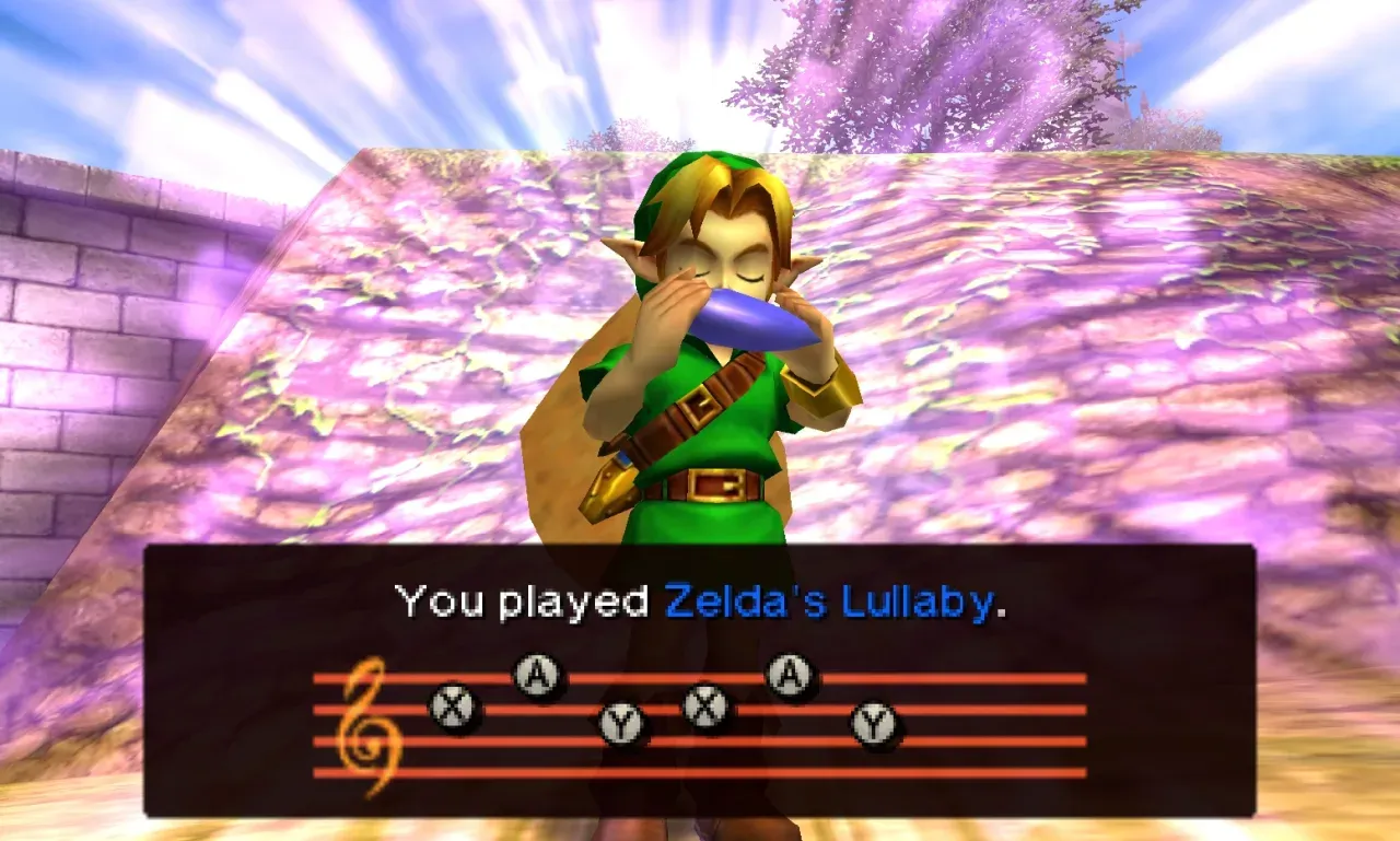 3DS version: young Link playing the ocarina, with the notes of Zelda's Lullaby shown at the bottom of the screen