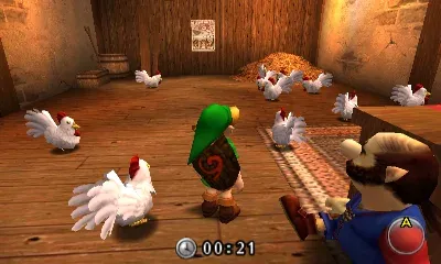 Young Link stands among white Cuccos in Talon's house while a timer at the bottom of the screen shows 00:21