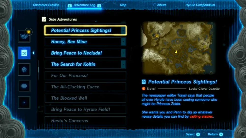 The Adventure Log showing Potential Princess Sightings and completed stable investigations below it