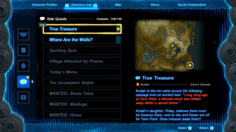 The Side Quests tab of the Adventure Log showing 108 of 139 complete, with True Treasure selected