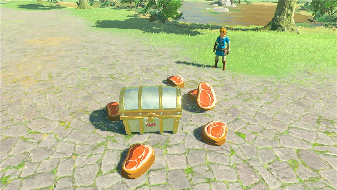 amiiboを読み込んだ後、リンクの隣に落ちてきた宝箱と肉