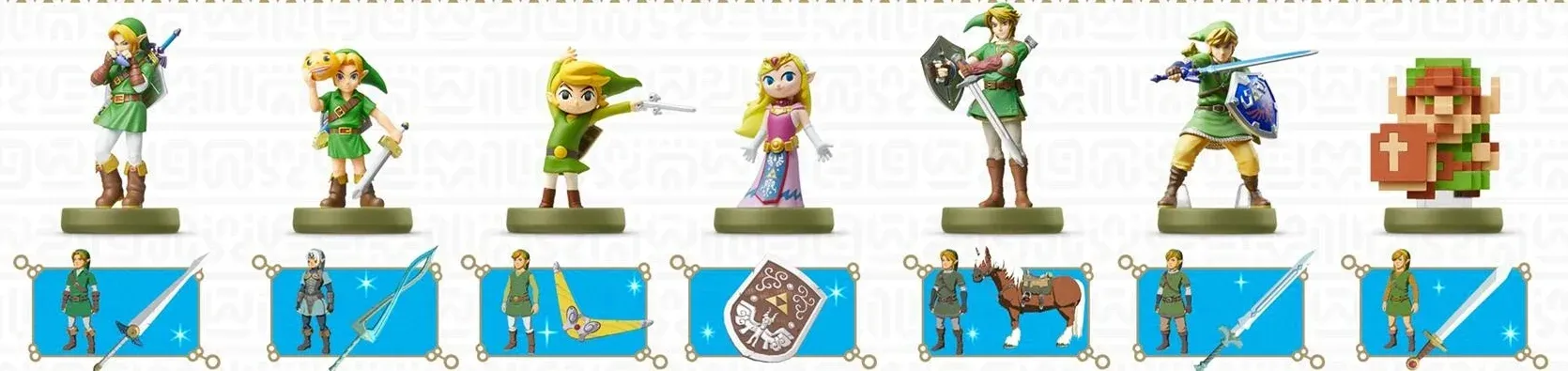 Seven Link and Zelda amiibo figures, each above the items it can drop in the game