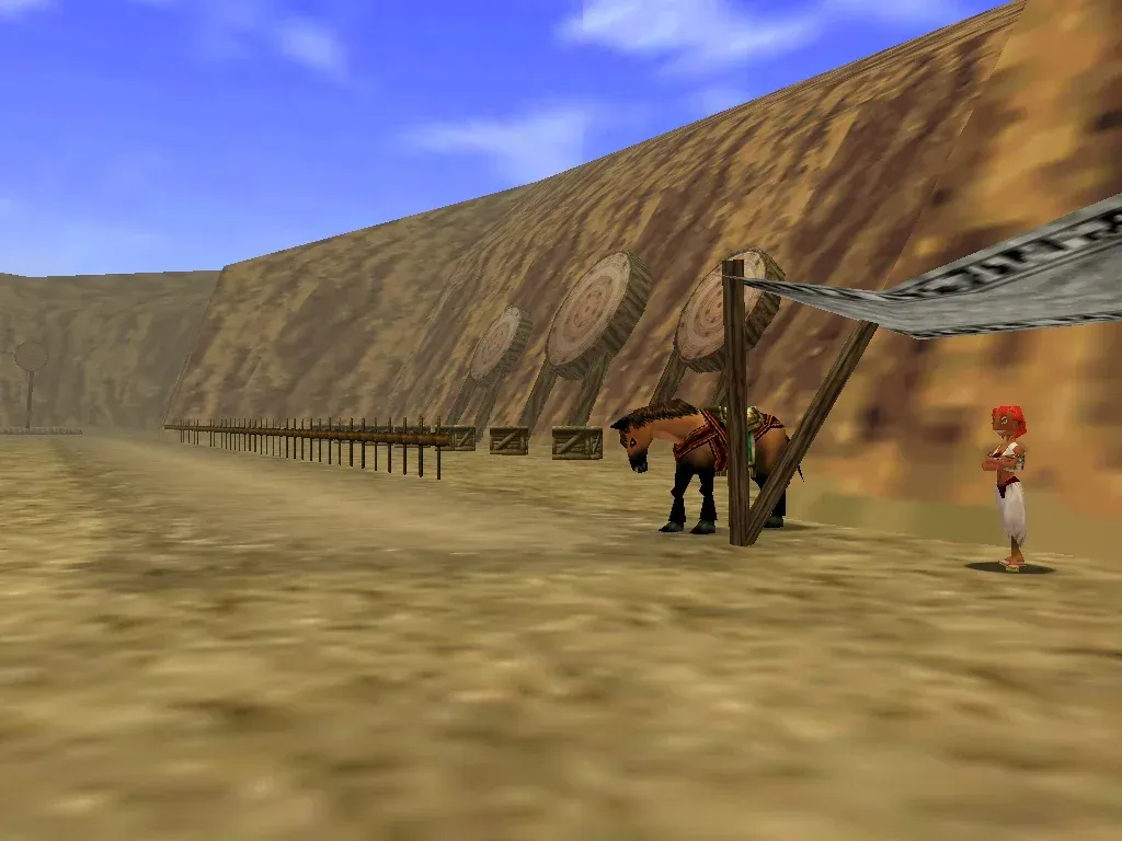 Epona standing under the awning at the Horseback Archery Range beside the Gerudo who runs it, with round targets on the cliff wall behind
