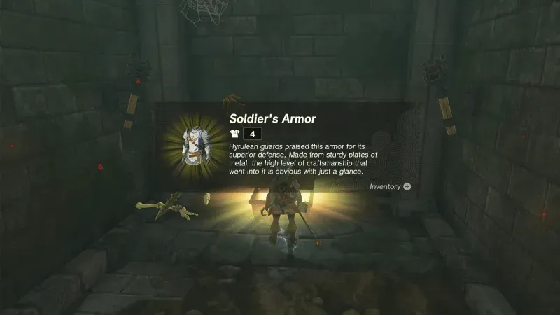 The open chest with the Soldier's Armor in a stone room of the Royal Hidden Passage