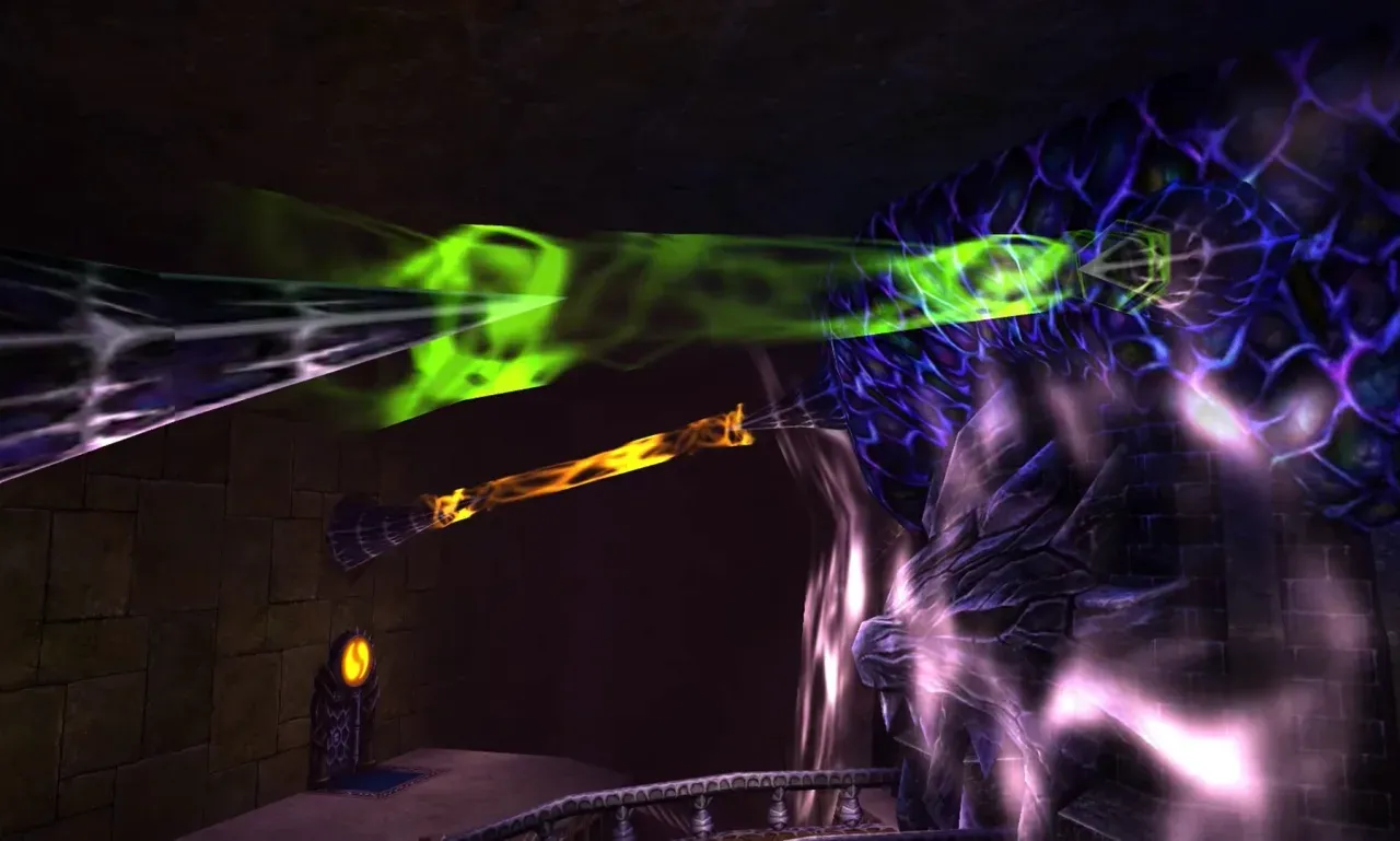 Coloured barrier beams running into the tower, 3DS version