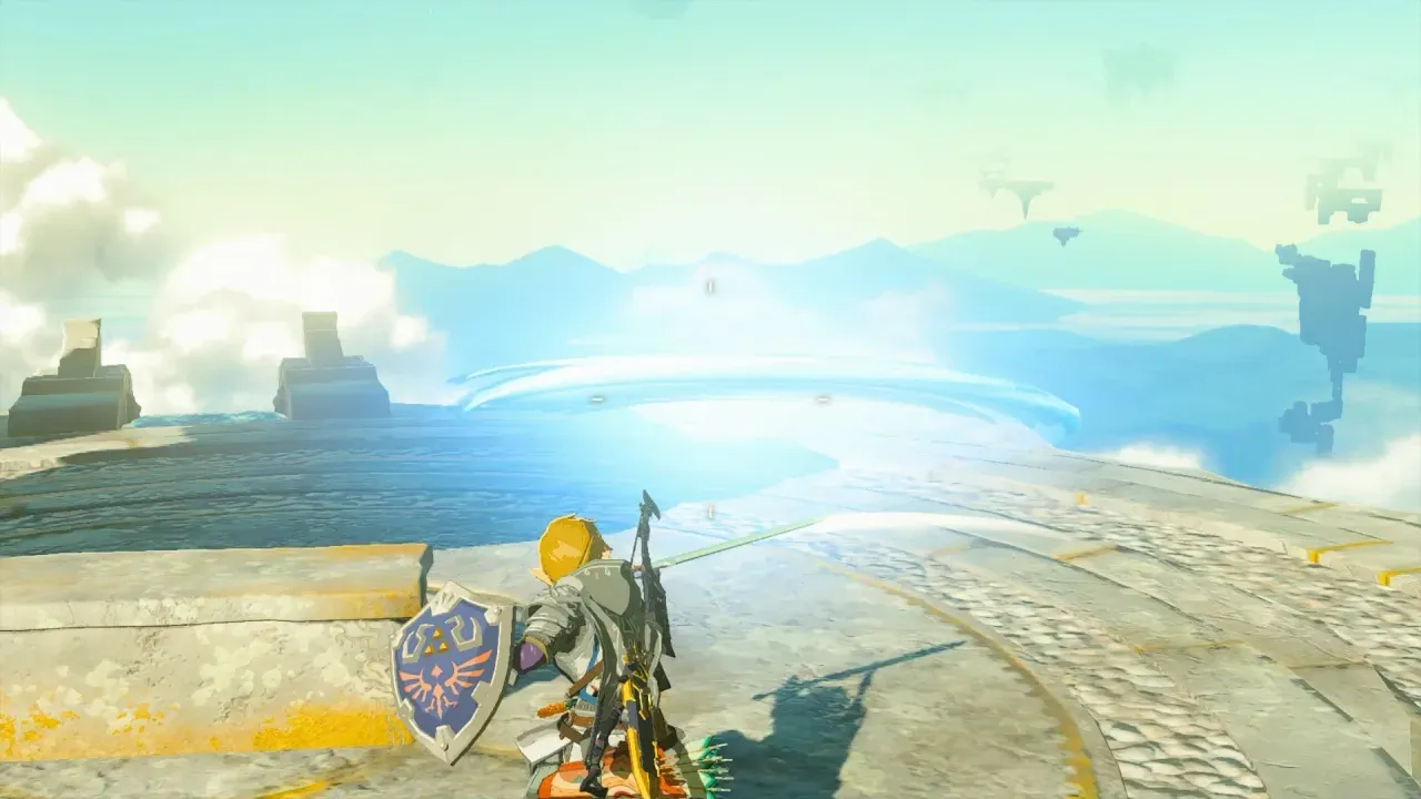 Link firing a wide blue beam from the Master Sword across a stone terrace