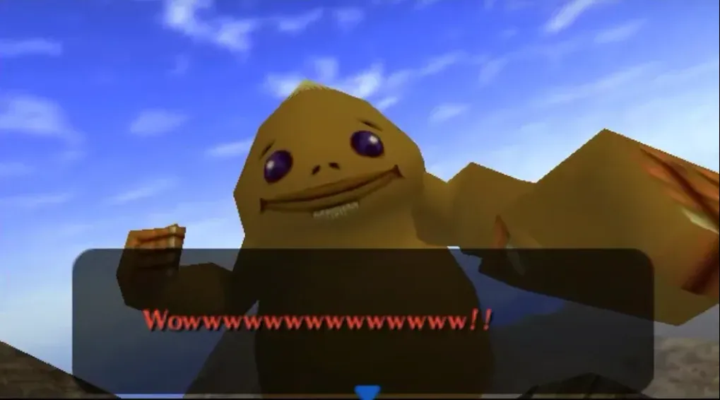 Biggoron, a giant Goron, raising his arm against the sky at the top of Death Mountain after using the eye drops
