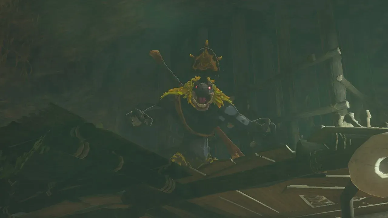 A Black Horriblin with a yellow mane and a large dark horn crouching on a wooden scaffold in a dim cave