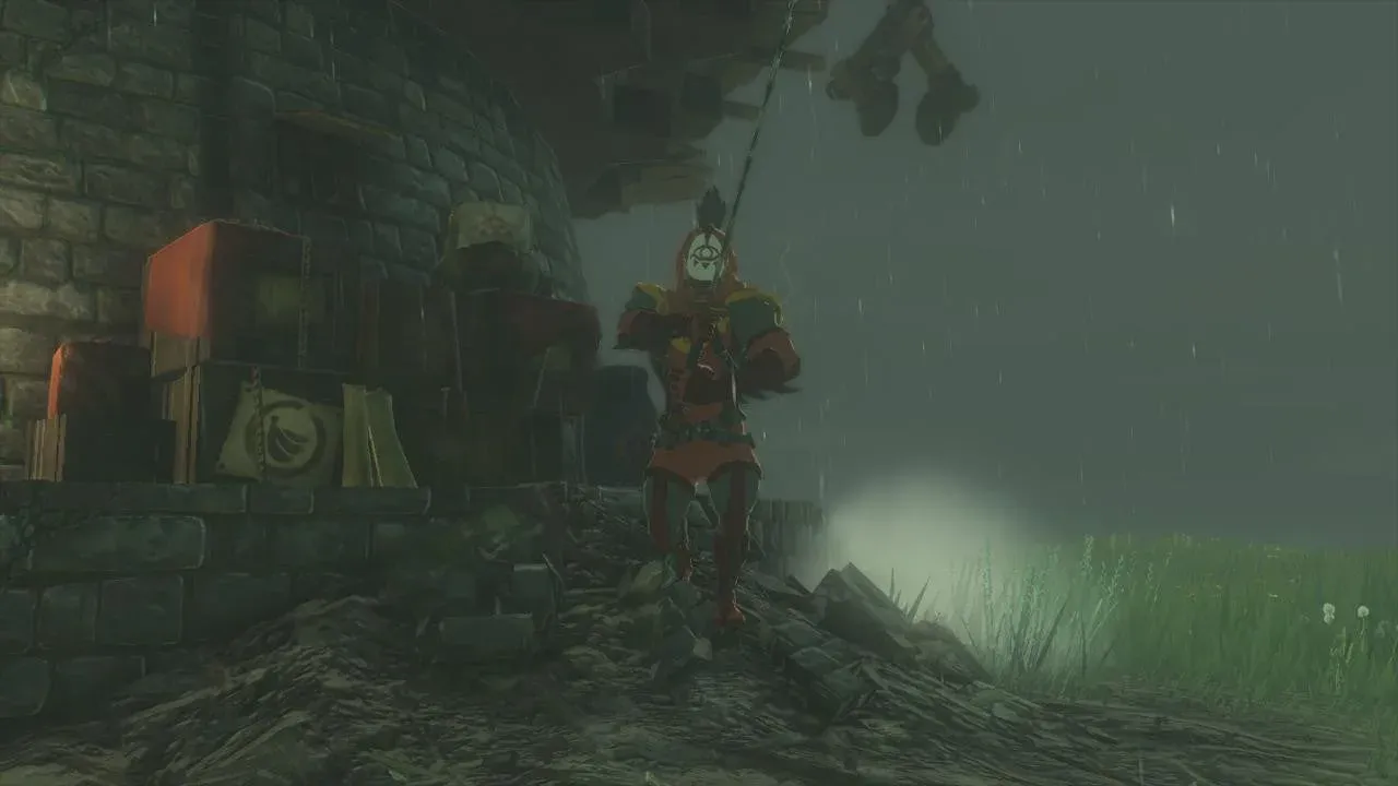 A Yiga Blademaster with a curved blade on his shoulder walking out from crates by a stone tower in the rain