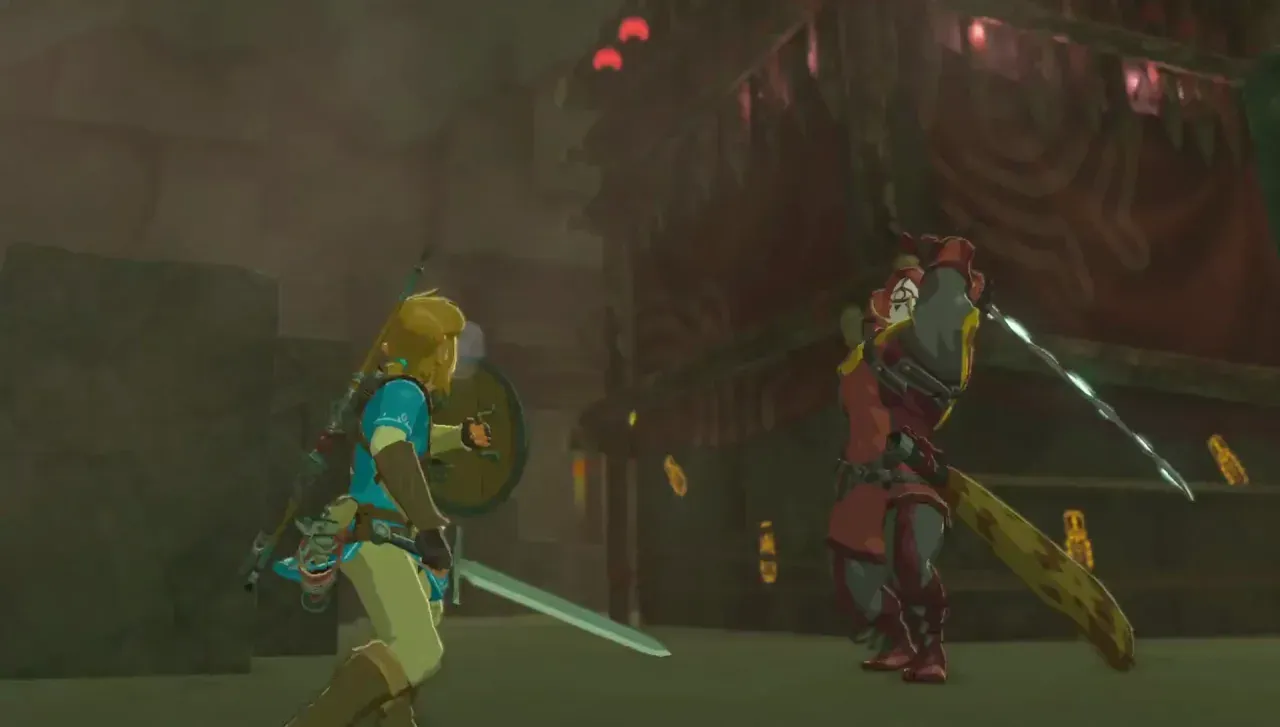 Link with sword and shield facing a Yiga Blademaster who swings a long curved blade inside the Yiga Clan Hideout