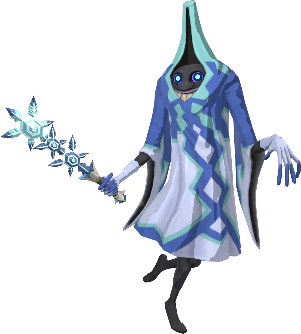 A Blizzrobe in a blue and white robe with a teal hood, holding a Blizzard Rod tipped with snowflake crystals