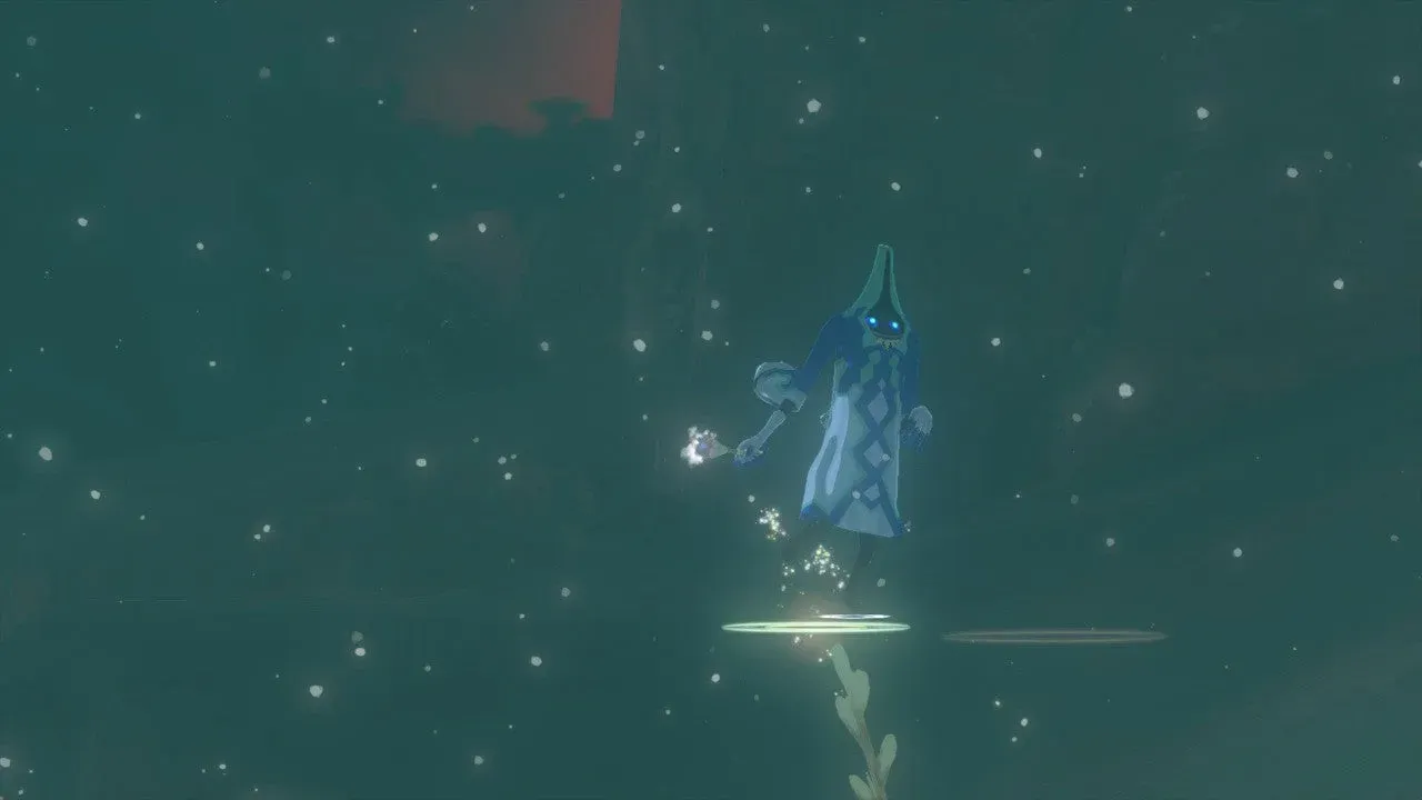 A Blizzrobe in a blue robe with a diamond pattern hovering in falling snow, holding a staff
