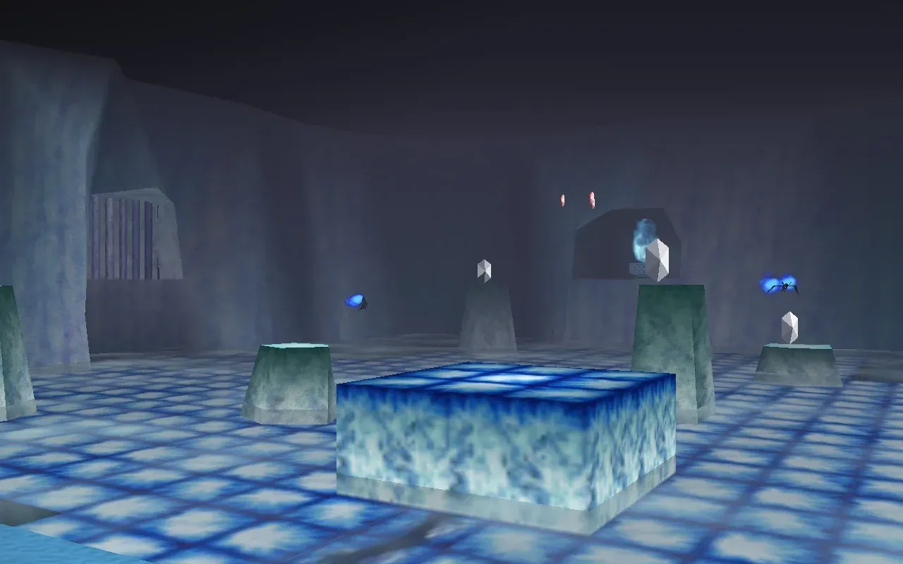 The Ice Cavern block puzzle room in the N64 version, with the ice block, Blue Fire and Silver Rupees