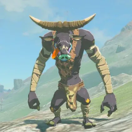 A dark blue Blue Moblin with a long tongue and a wide curved horn standing on a grassy slope