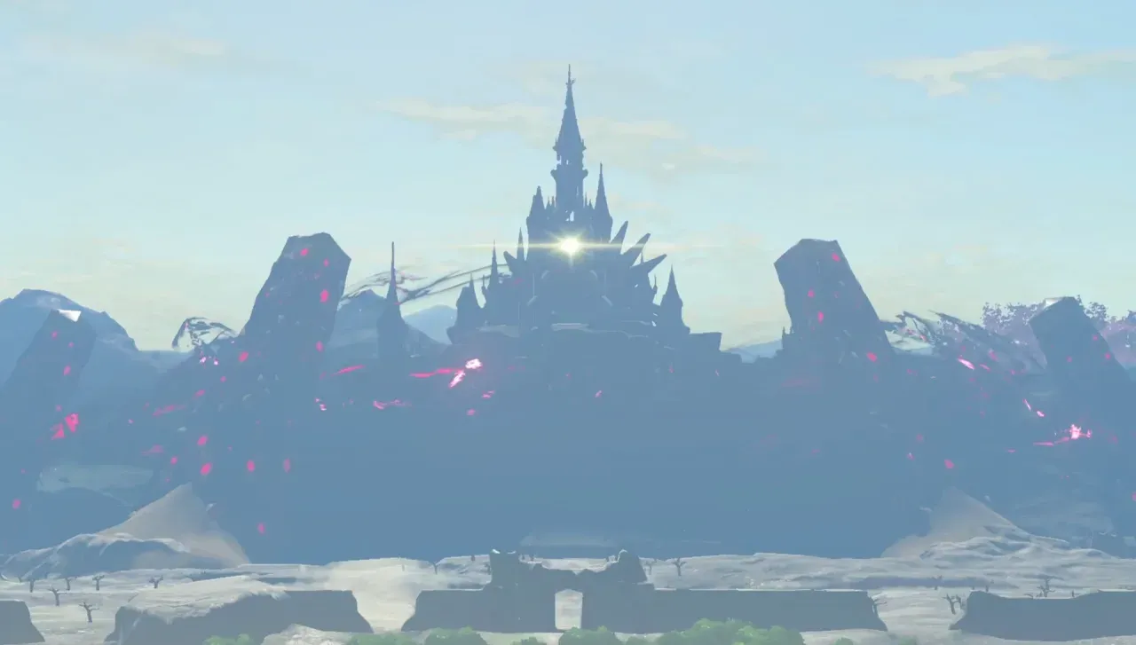 Hyrule Castle in Breath of the Wild under a clear sky, wrapped in a dark red and black substance
