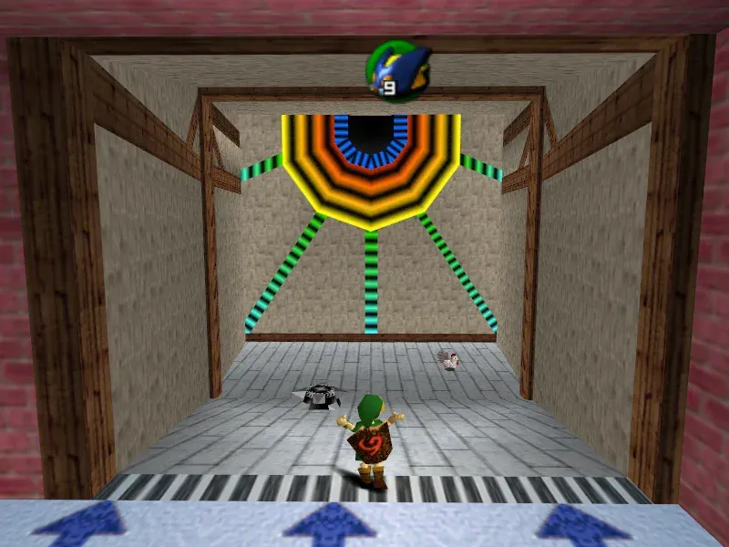 Young Link standing in the Bombchu Bowling lane, facing the target wall with a hole in its centre and a Cucco walking across the floor