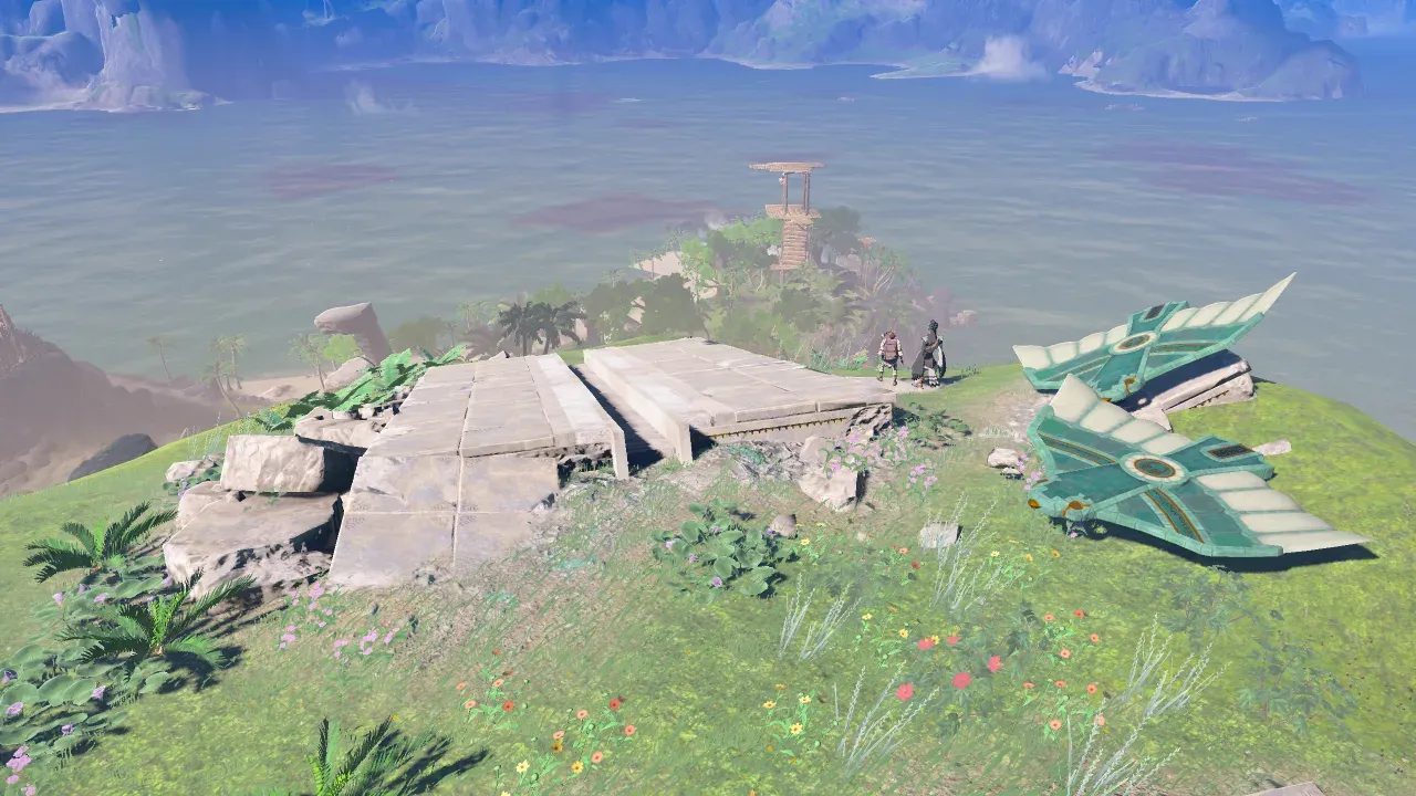 Two Zonai Wings resting on the grassy top of Eventide Island next to stone ruins, with Branli and Mimo standing nearby
