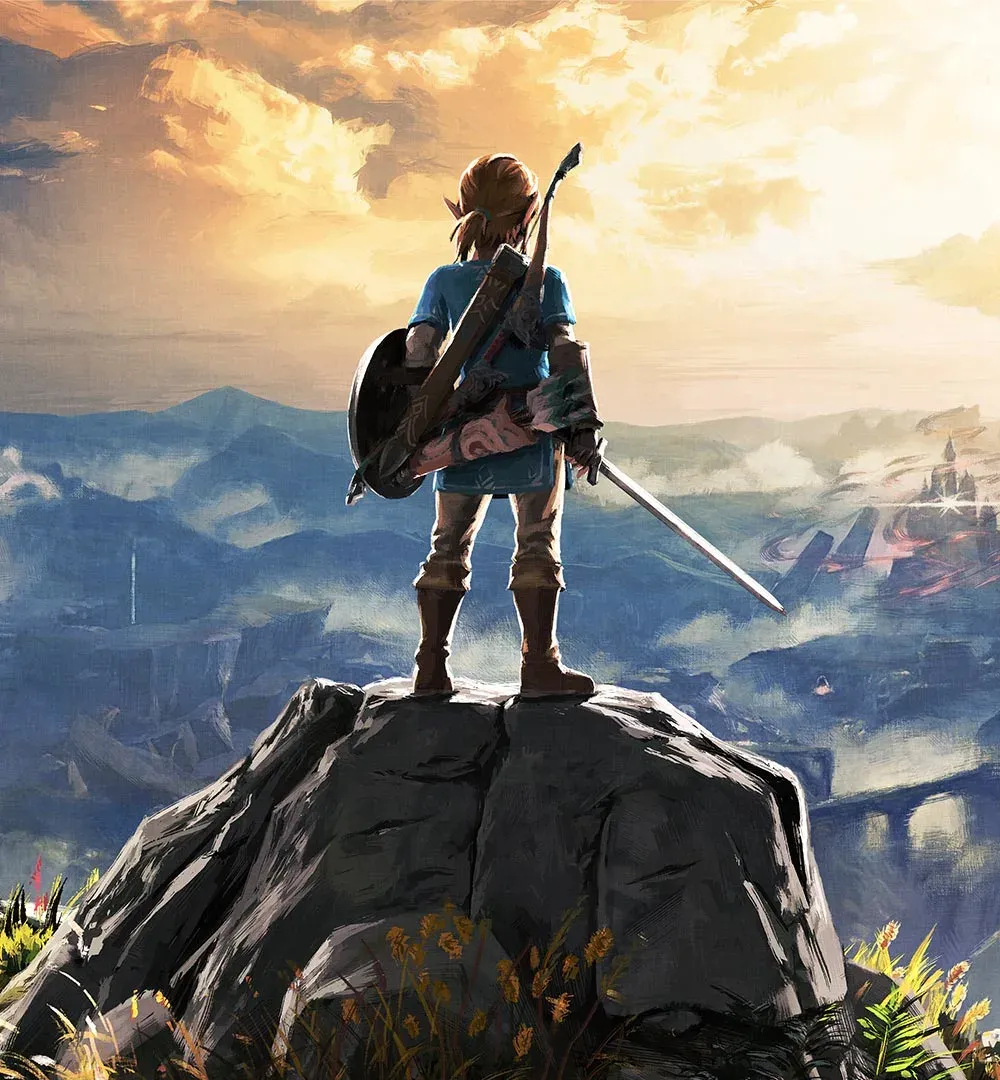 Link standing on a rock looking out over Hyrule at sunrise, Breath of the Wild key art