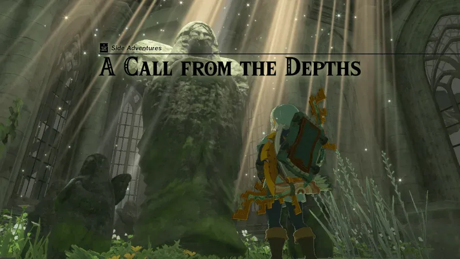 The side adventure A Call from the Depths beginning in front of a large statue in the Temple of Time Ruins