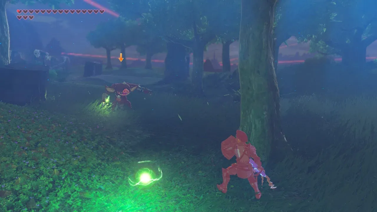 A Bokoblin attacking Link beside a tree in the Forest of Spirits