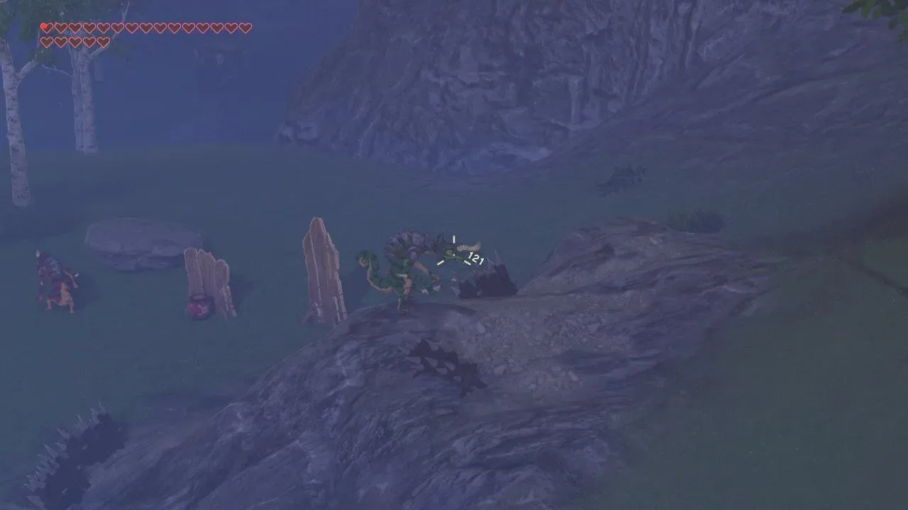 Link aiming at a Lizalfos from the high ground above the camp