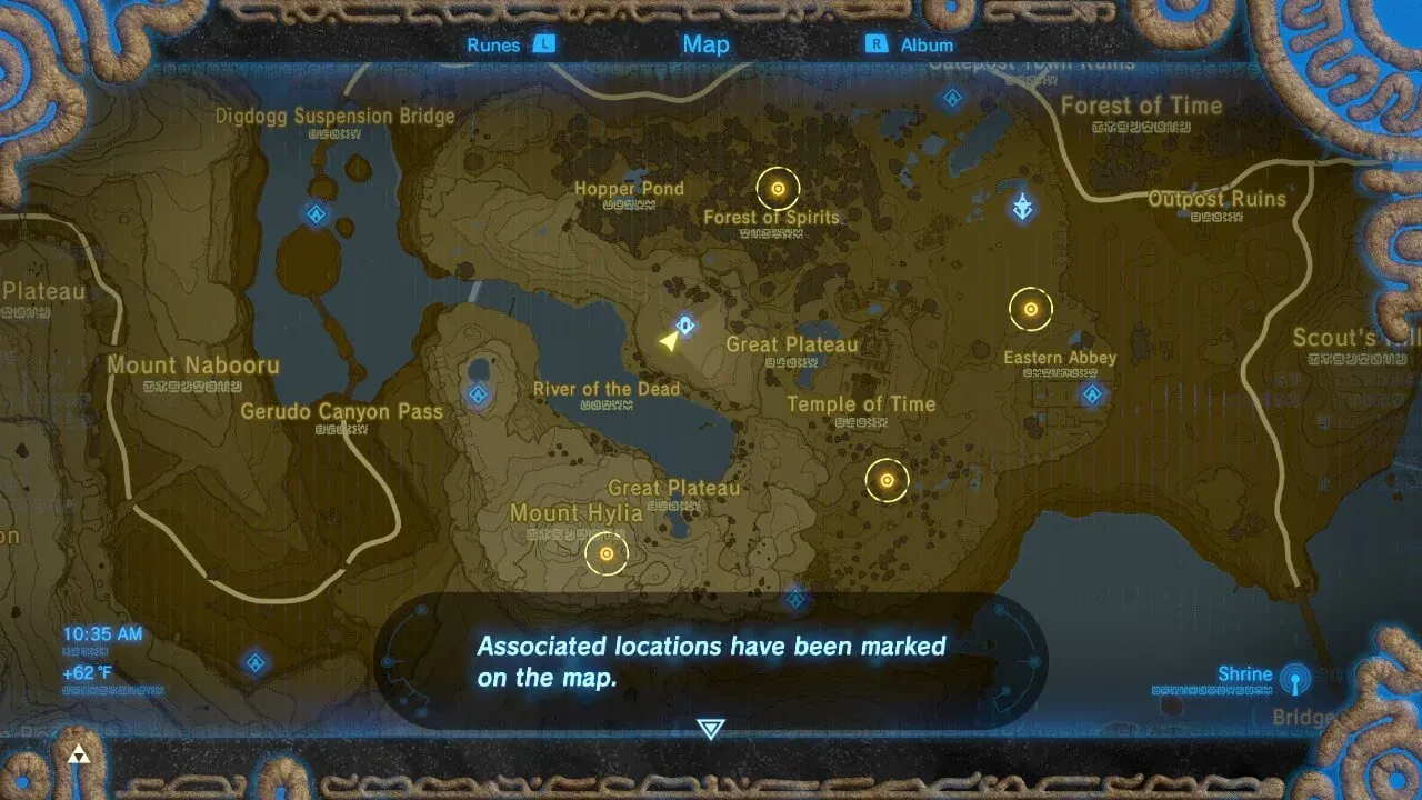 The Great Plateau map with four trial objectives marked