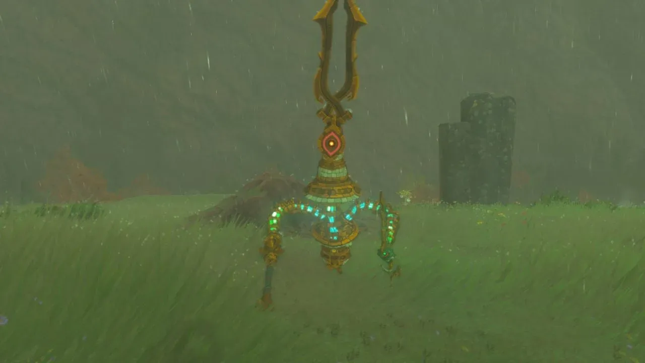 A golden Captain Construct IV with a tall horn split in two, glowing green arms and a red eye, standing in rain on a grassy hill