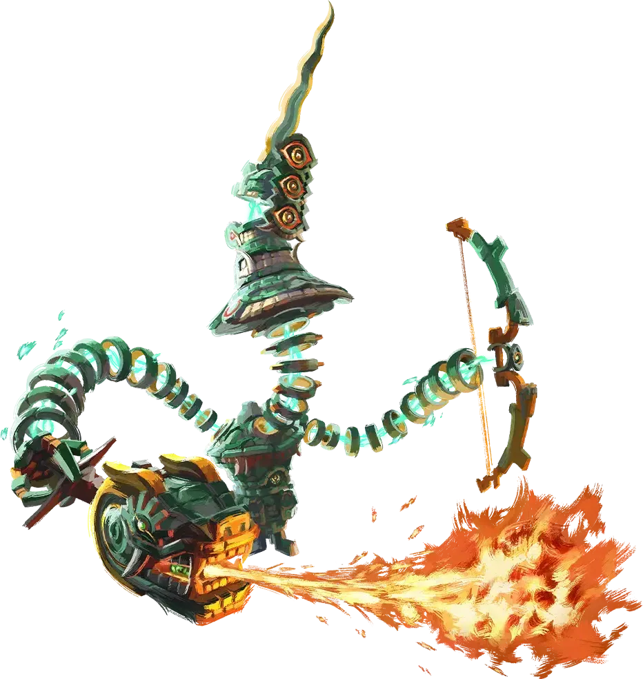 A Captain Construct made of stacked green rings, holding a bow and a weapon that breathes fire