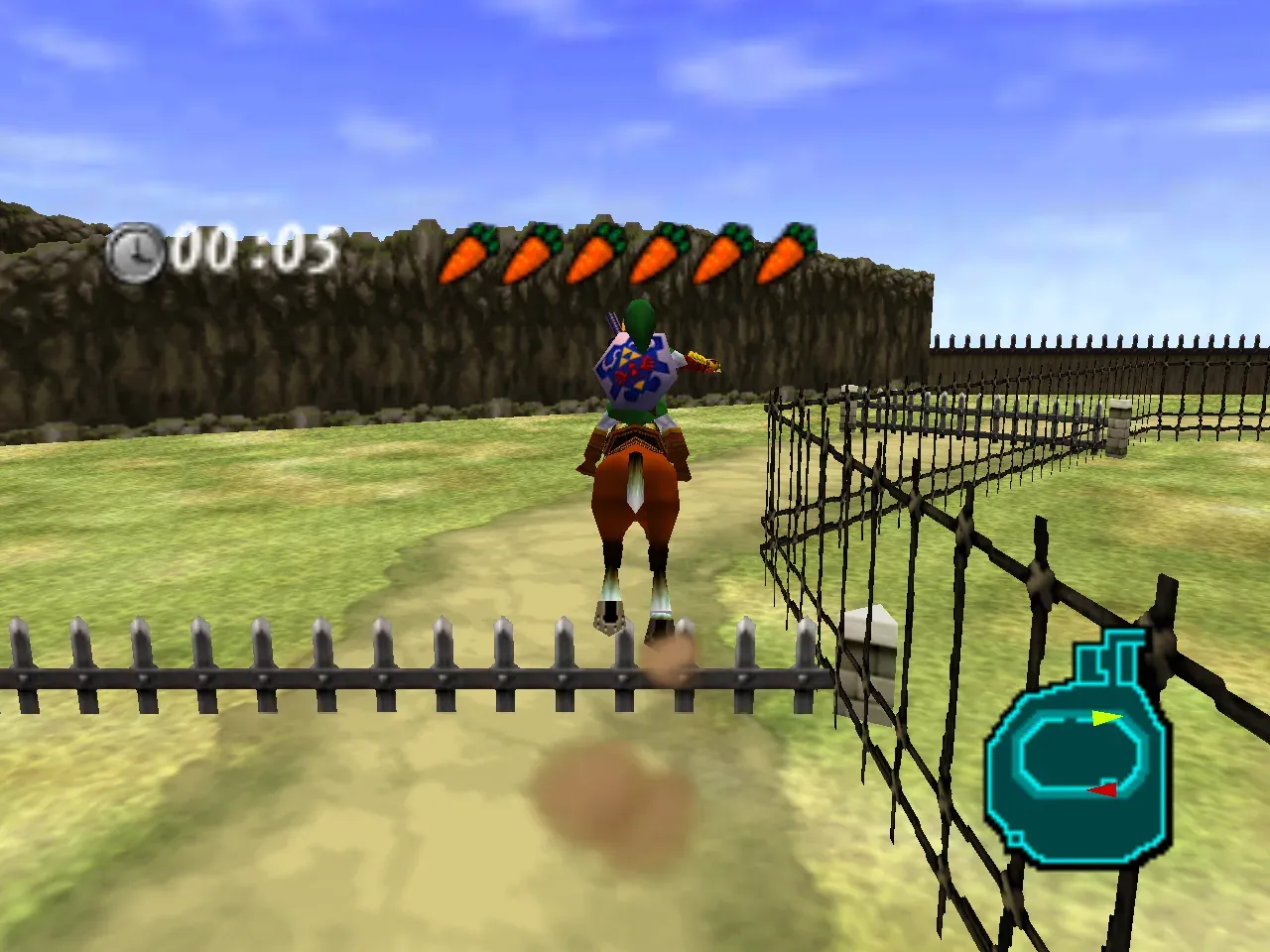 Adult Link riding Epona toward a fence at Lon Lon Ranch, with a timer and a row of six carrots at the top of the screen