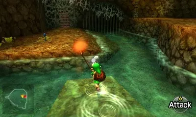 Link carrying a lit Deku Stick across shallow water in the basement, 3DS version