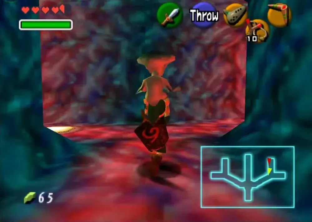 Link carrying Princess Ruto over his head in the N64 version