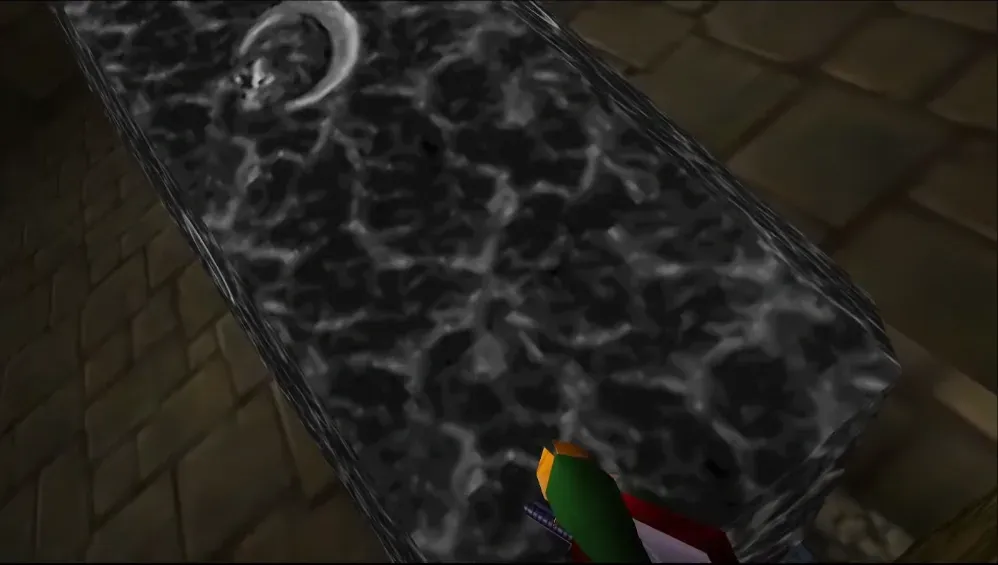 Adult Link holding a huge dark stone pillar over his head with the Golden Gauntlets outside Ganon's Castle
