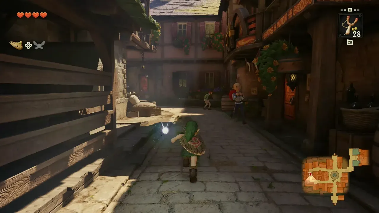 Young Link running down a narrow cobbled back alley in Castle Town past townspeople