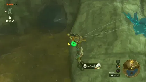 Link descending toward the cave opening below Hateno Ancient Tech Lab