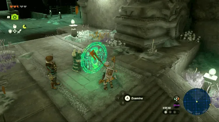 Top of the Great Abandoned Central Mine: Link at the glowing green pedestal with a researcher standing nearby