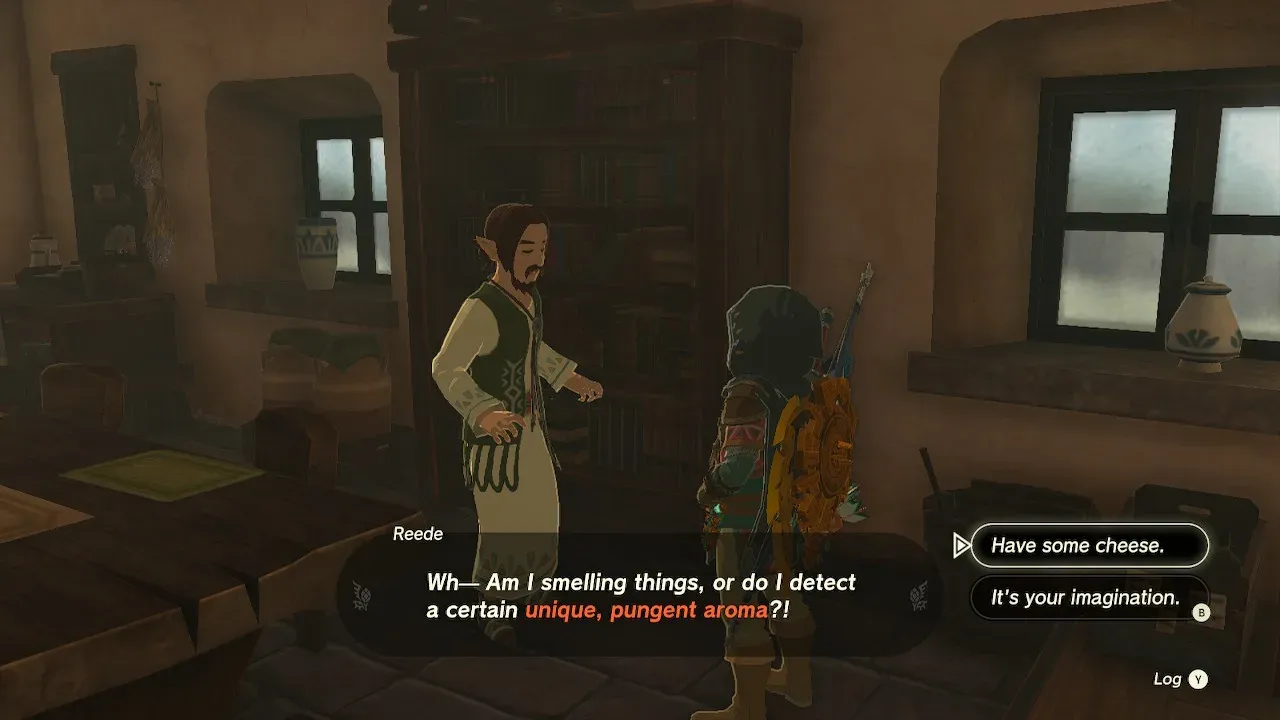 Reede notices the aroma of Hateno Cheese, with the handover dialogue option visible