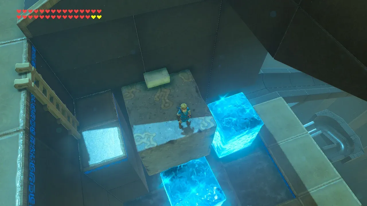 An ice pillar lifting the stone block towards the chest ladder