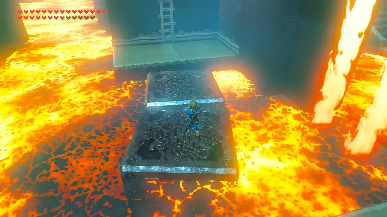 Metal cubes bridging the lava towards the chest ladder